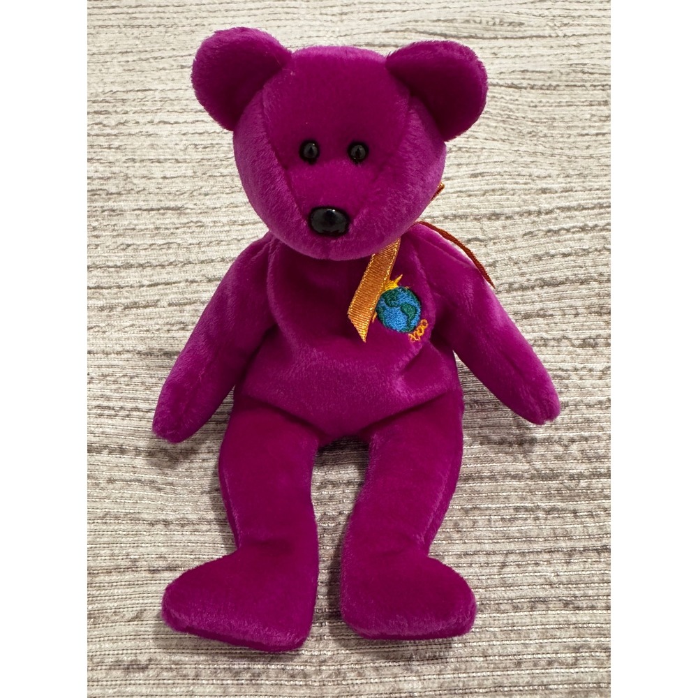 Ty Beanie Baby Millennium the Bear 1999 Magenta Purple Globe Plush 2000 Vintage